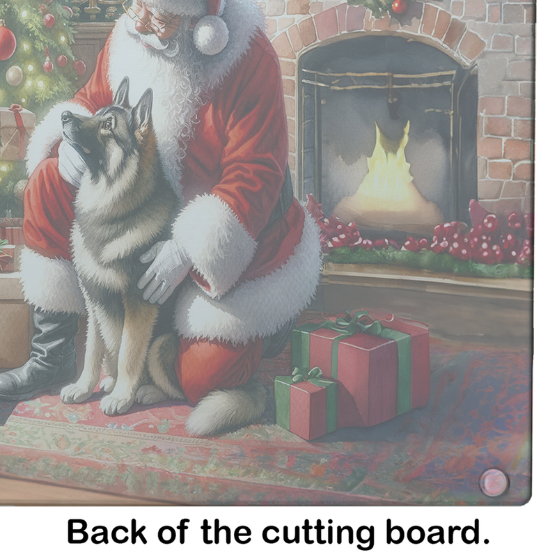 Back of a festive cutting board featuring Santa with a black and white dog, surrounded by Christmas gifts and a cozy fireplace.