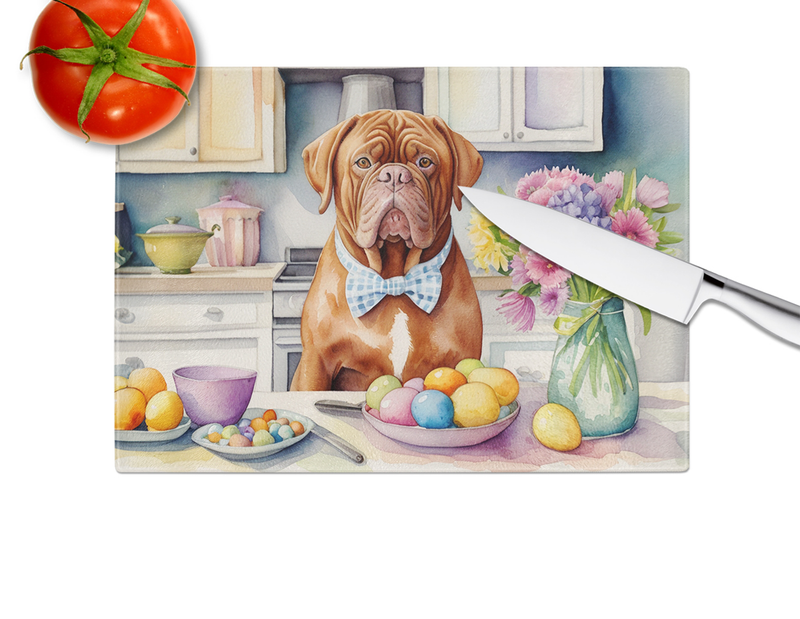 Glass cutting board with smiling Dogue de Bordeaux and Easter egg bowl illustration