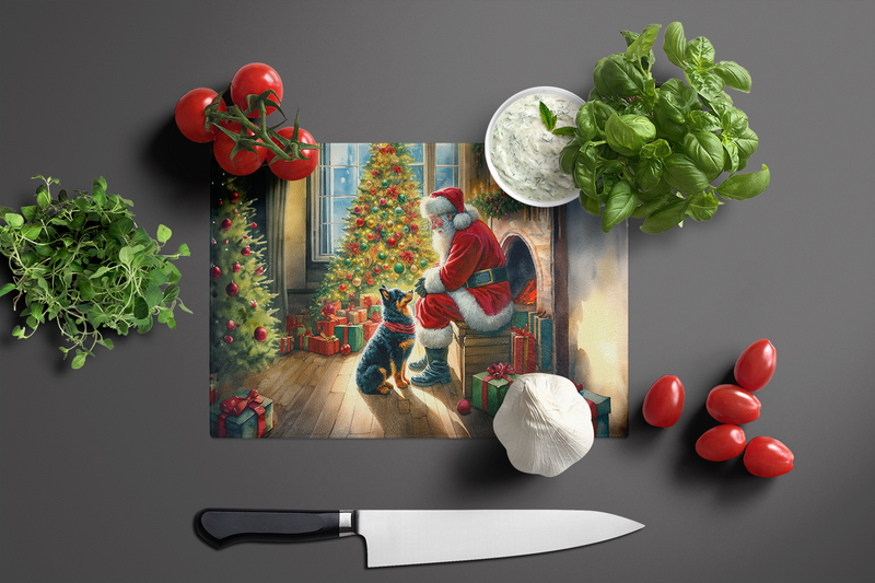 Glass cutting board with Santa and dog holiday scene, rounded corners