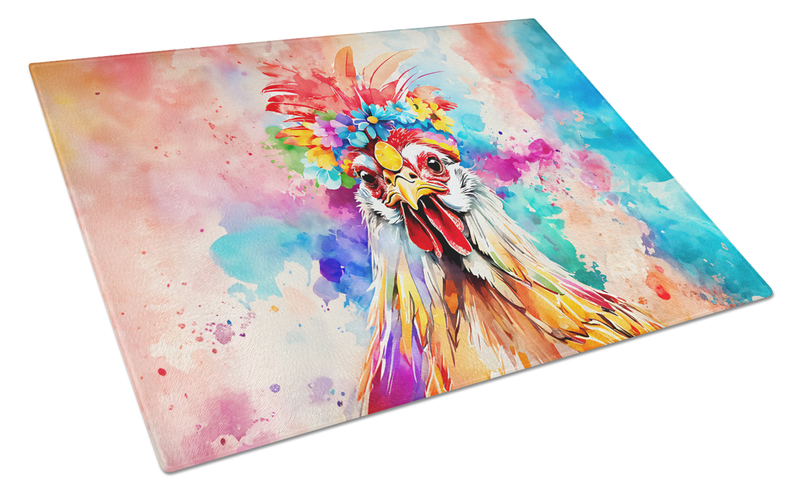 Square glass cutting board featuring a colorful rooster portrait