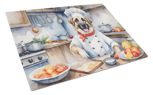 Glass cutting board with chef dog kitchen illustration, rectangular
