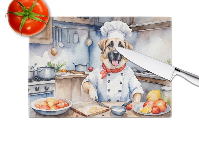 Glass cutting board with chef dog kitchen illustration and chef hat, rectangular