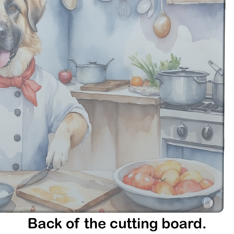 Glass cutting board back with chef dog kitchen illustration, close-up corner