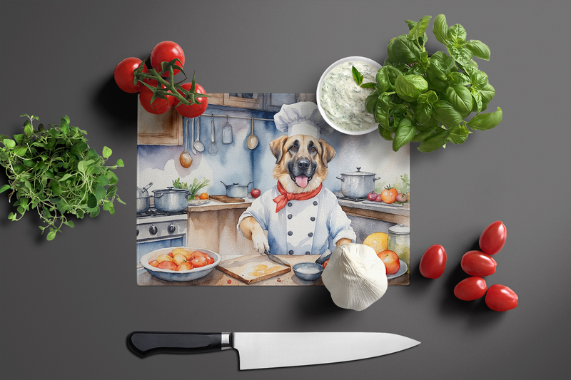 Glass cutting board featuring chef dog in kitchen, rectangular