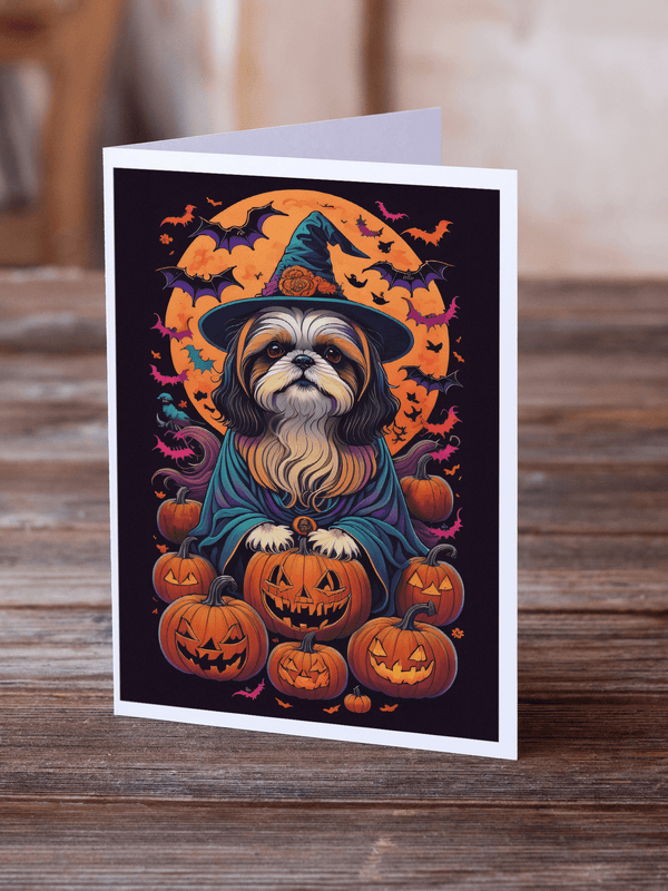 Halloween greeting card: Shih Tzu witch with pumpkins and bats, dark background