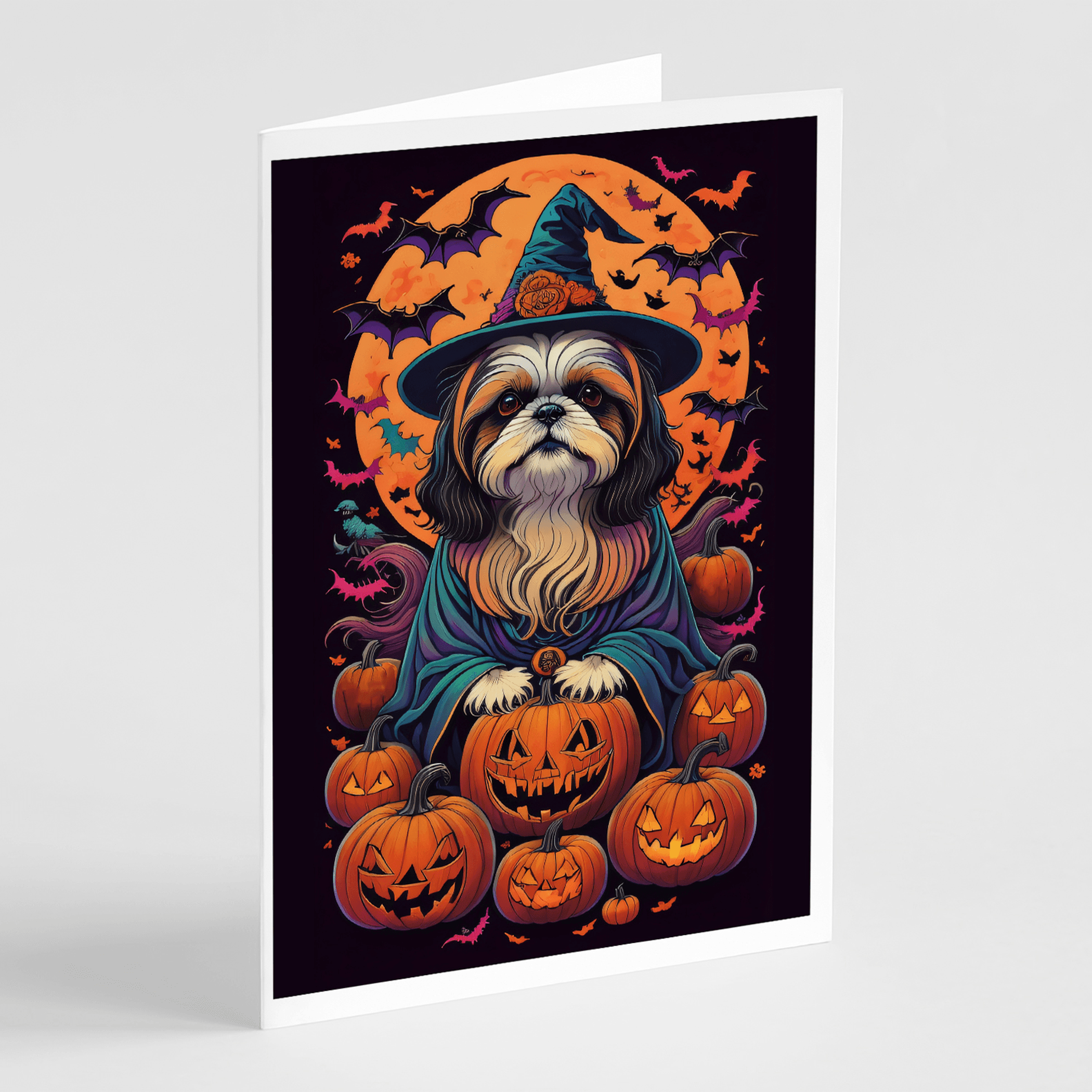 Halloween greeting card featuring Shih Tzu witch hat, orange pumpkins, bats on dark background
