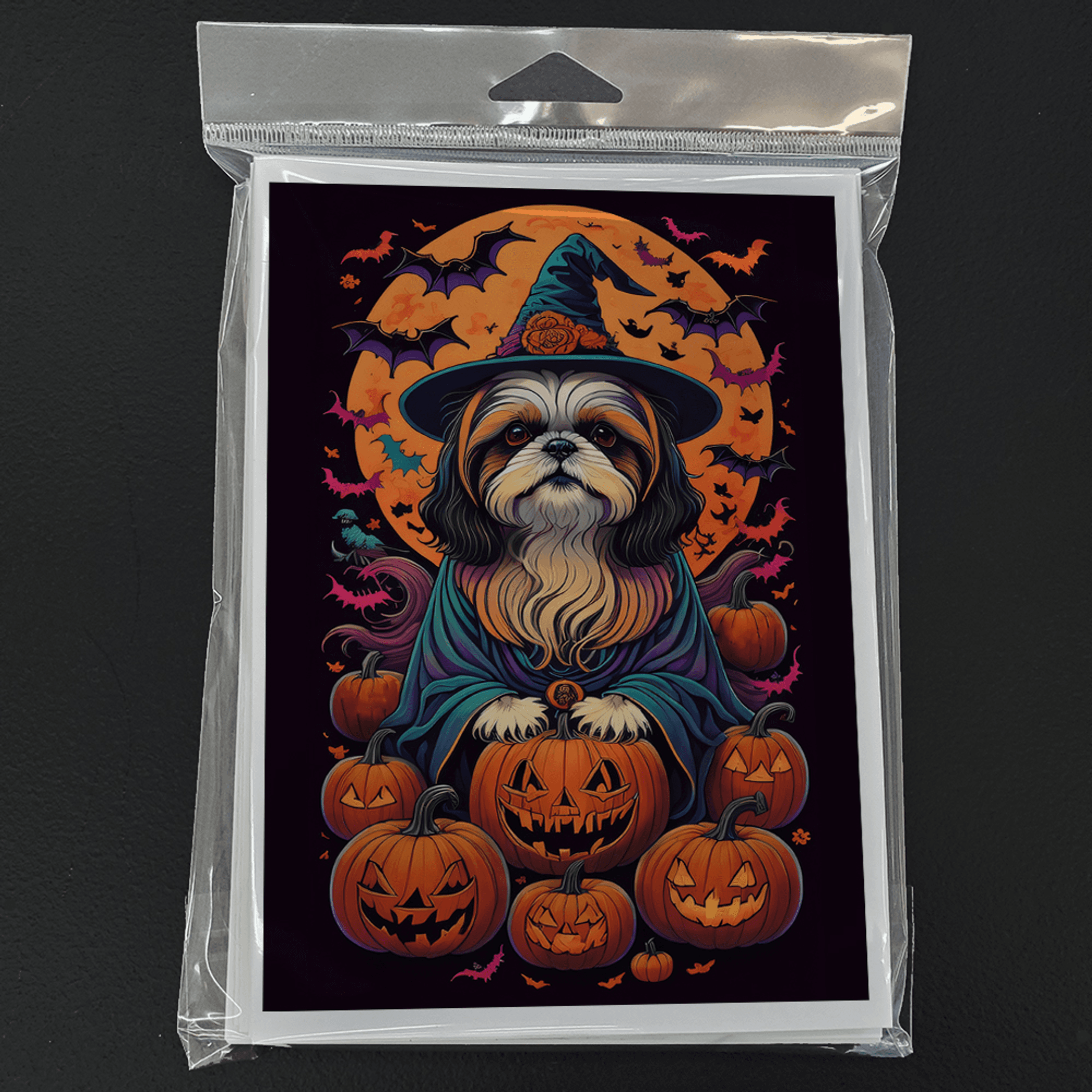 Packaged Halloween greeting card set with Shih Tzu witch artwork, pumpkins and bats