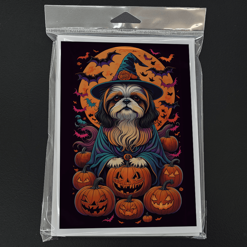 Packaged Halloween greeting card set with Shih Tzu witch artwork, pumpkins and bats