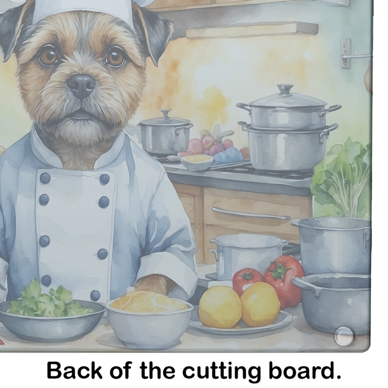 Glass cutting board, back view, with border terrier chef illustration