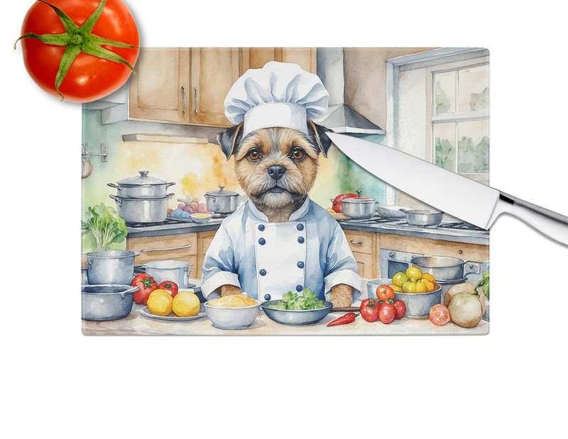 Glass cutting board with border terrier chef graphic and white border edge