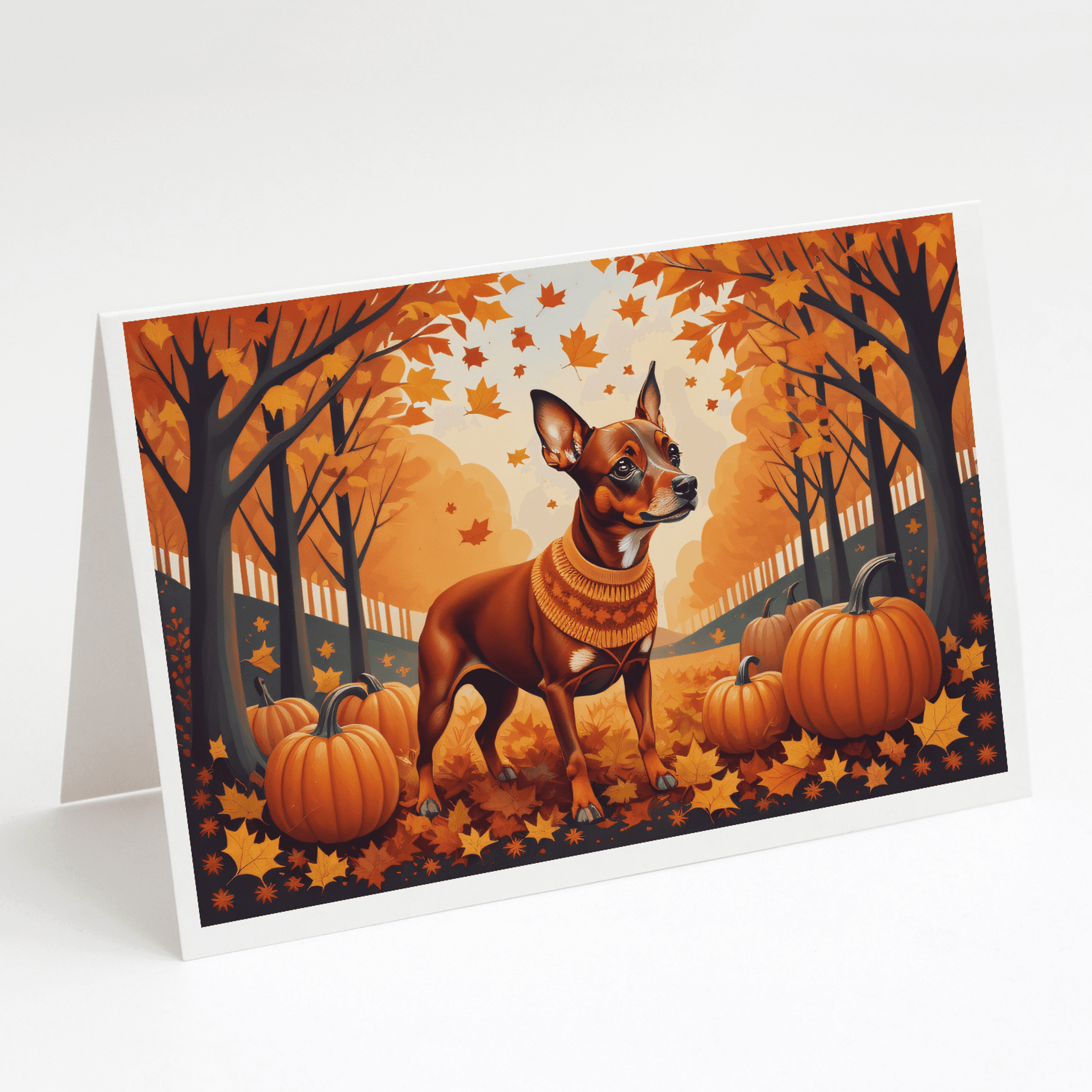 Miniature pinscher fall greeting card with pumpkins and orange leaf forest scene