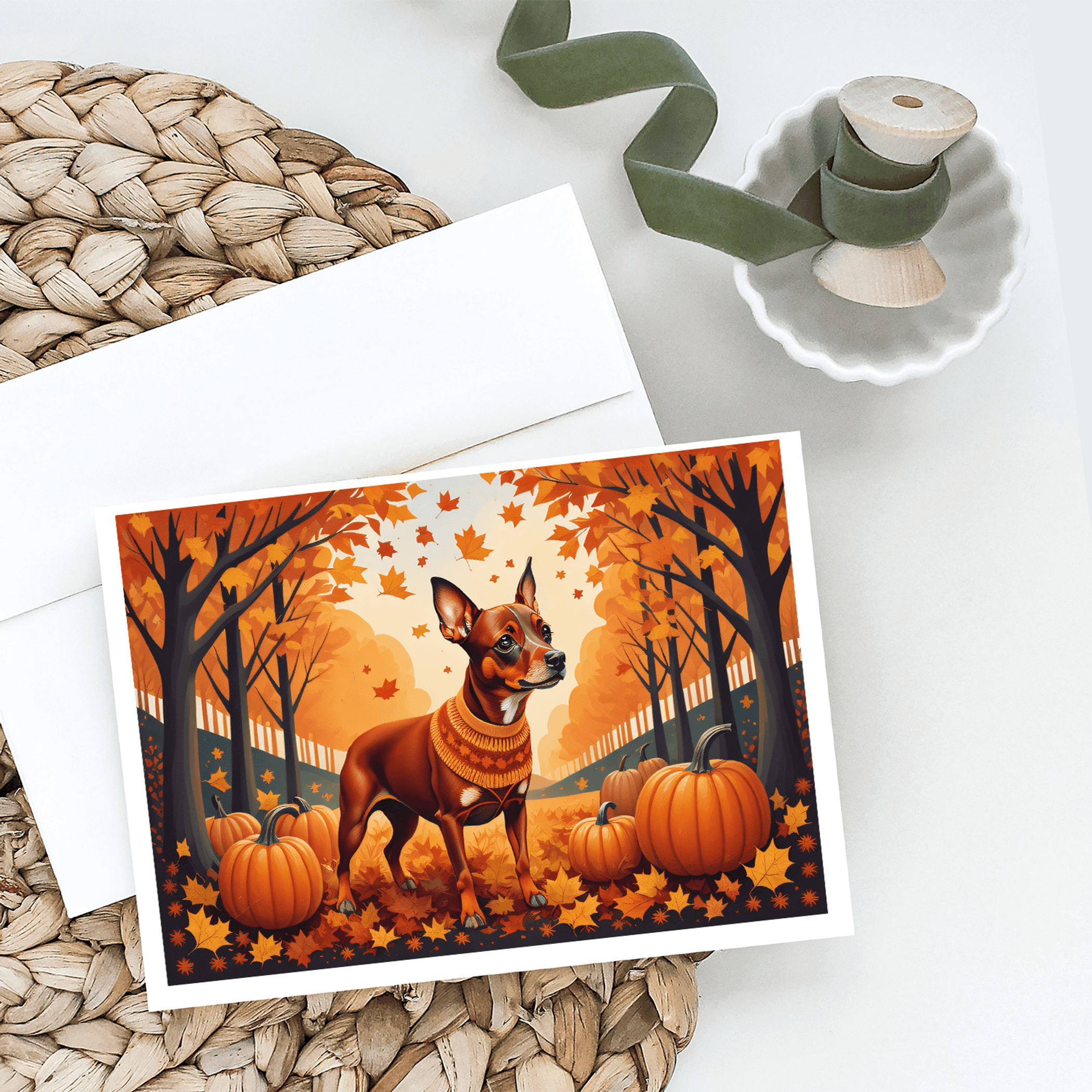 Set of fall greeting cards featuring a brown miniature pinscher, pumpkins, and leaves