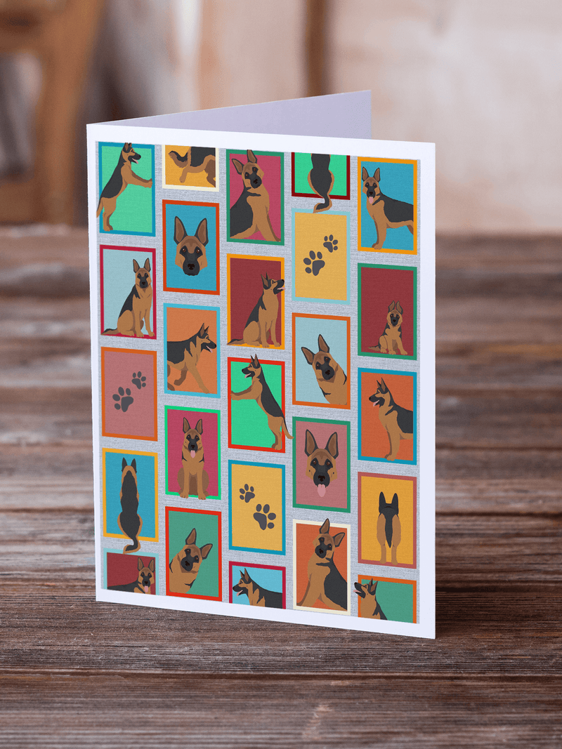 German Shepherd greeting card with colorful square dog and paw illustrations