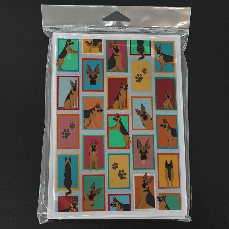 Pack of 8 German Shepherd greeting cards sealed in clear plastic, colorful squares
