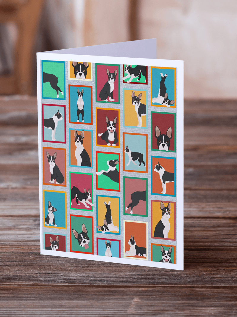 Boston Terrier greeting card with colorful grid of dog portraits