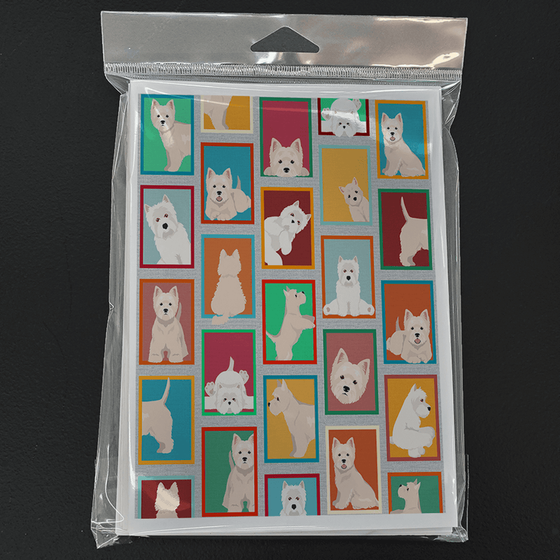 Pack of Westie greeting cards in clear plastic with colorful framed dog-photo collage