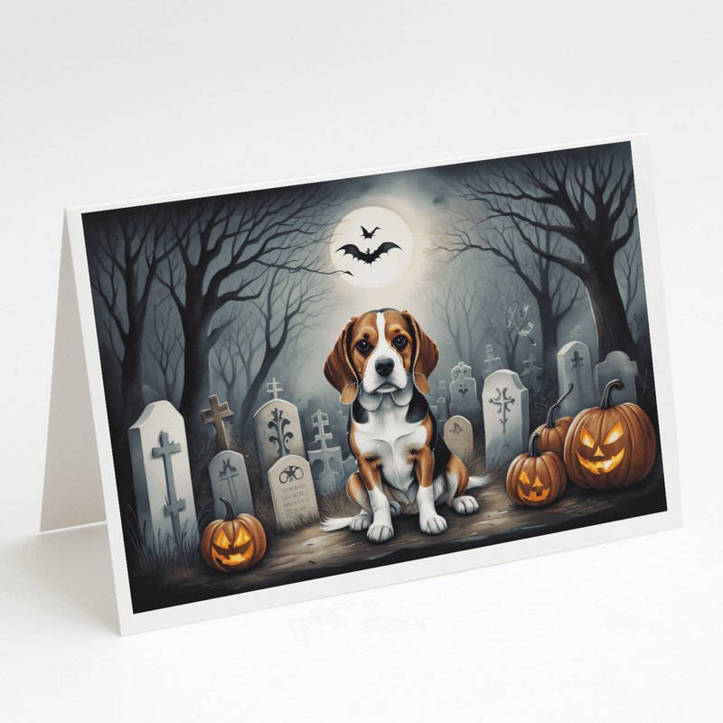 Spooky Halloween greeting card with beagle sitting in a graveyard with pumpkins