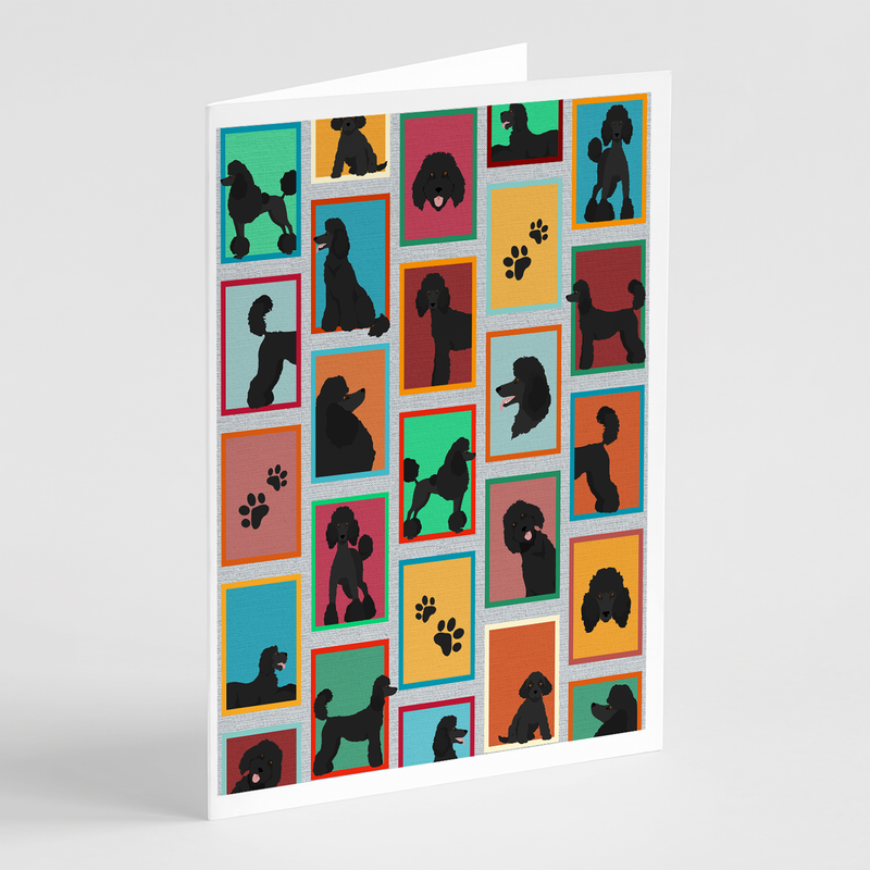 Black poodle greeting card with colorful square silhouette collage, white border