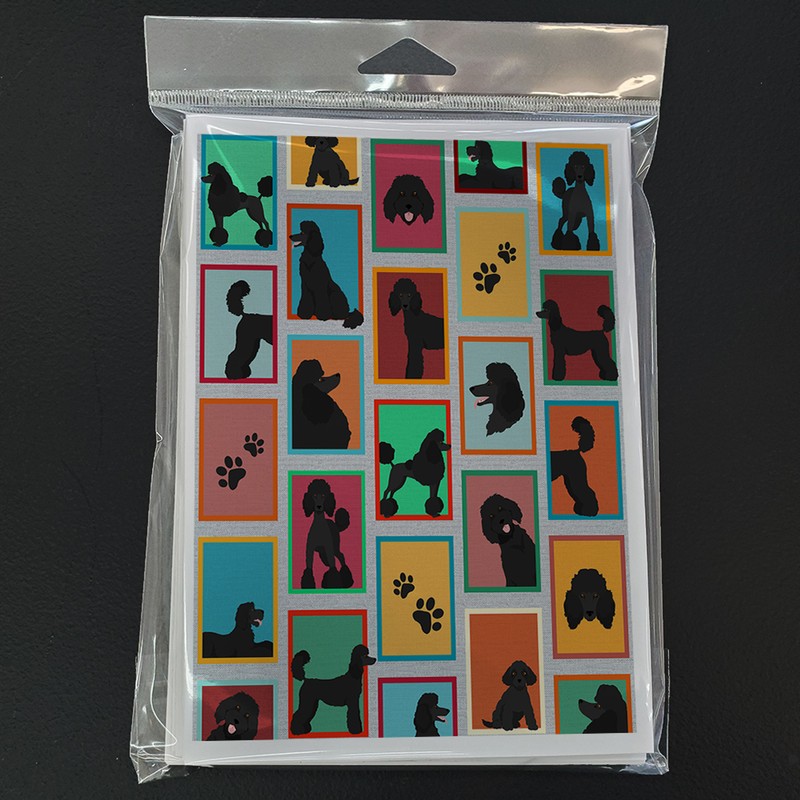 Pack of black poodle greeting cards in clear plastic with colorful silhouette collage