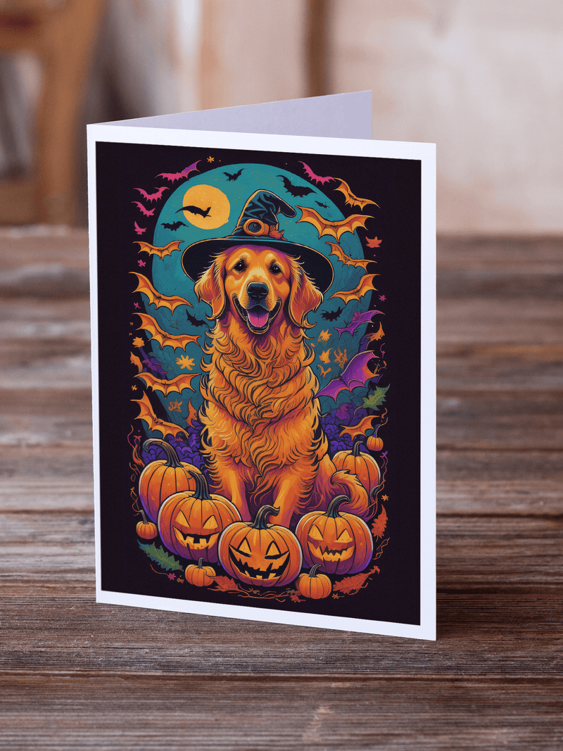 Halloween greeting card with golden retriever in witch hat, pumpkins and bats