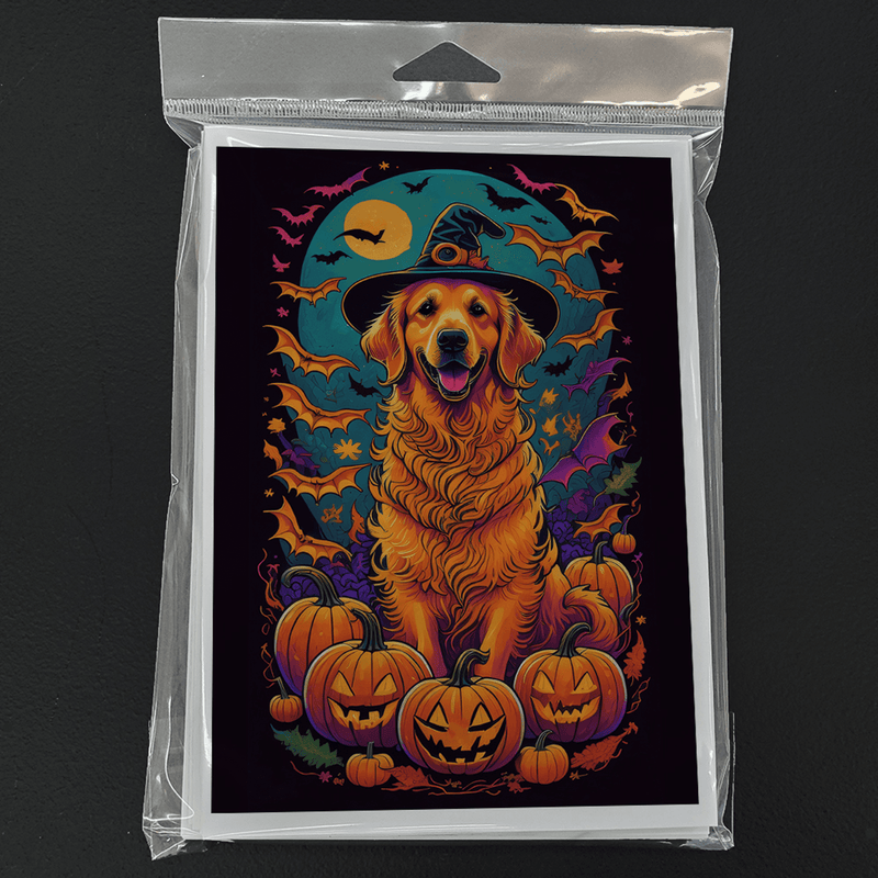 Halloween greeting card pack in clear plastic with golden retriever, witch hat, pumpkins