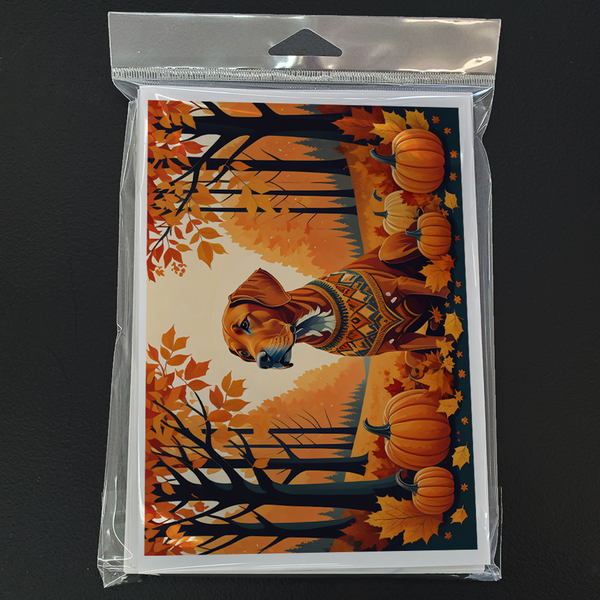 Fall greeting card featuring a Vizsla in autumn woods with pumpkins and orange leaves