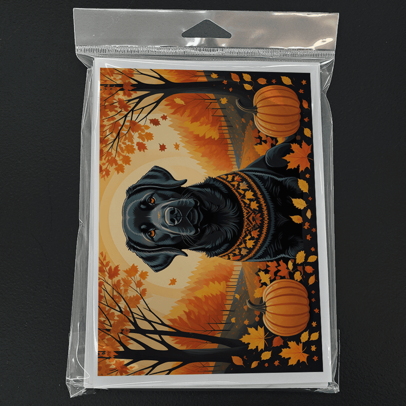 Packed fall greeting card featuring black Labrador with orange autumn leaves and pumpkins