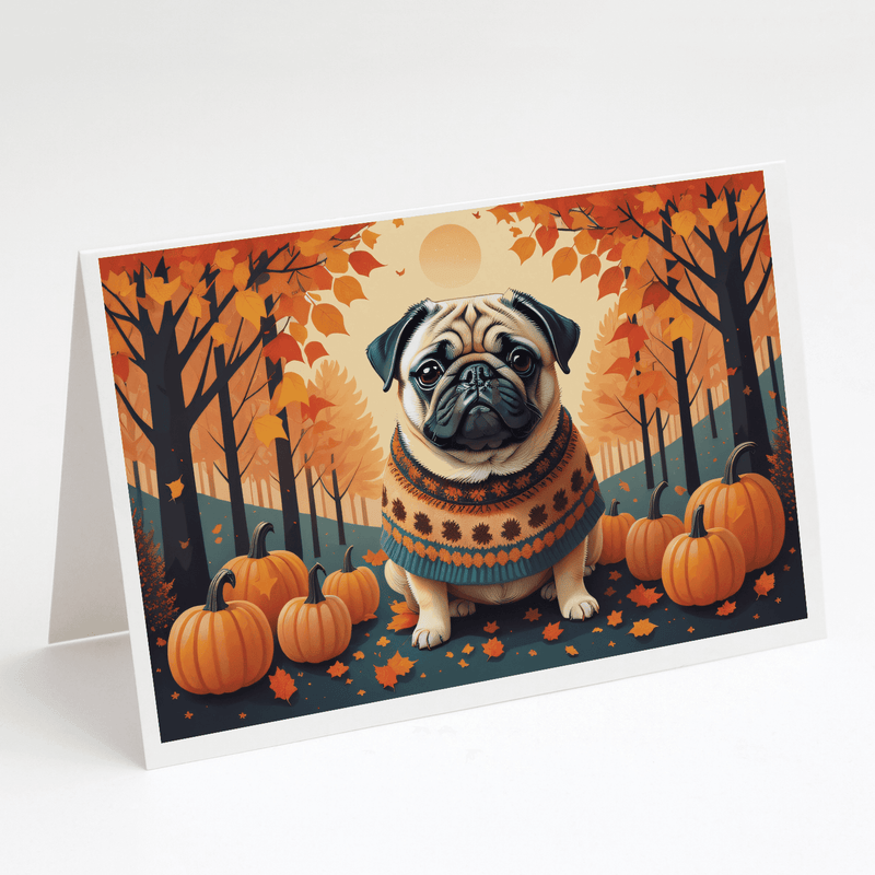 Fall pug greeting card with pumpkins, orange leaves, and plaid sweater dog
