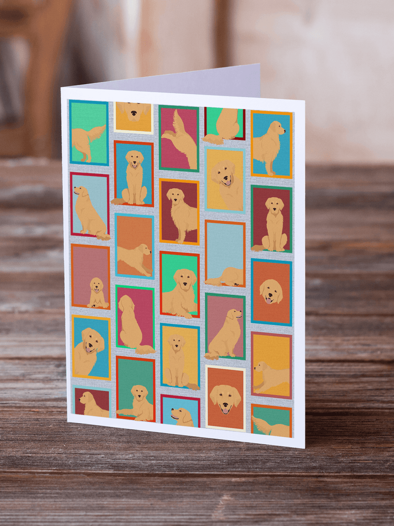 Golden retriever greeting card with colorful grid of dog faces and full-body illustrations