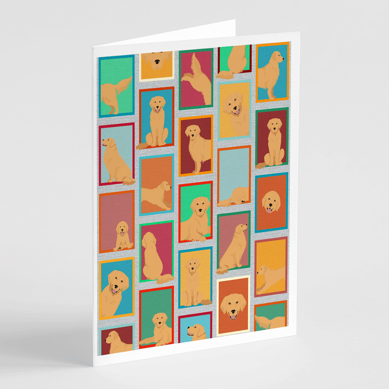 Golden retriever greeting card featuring a grid of colorful dog illustration panels