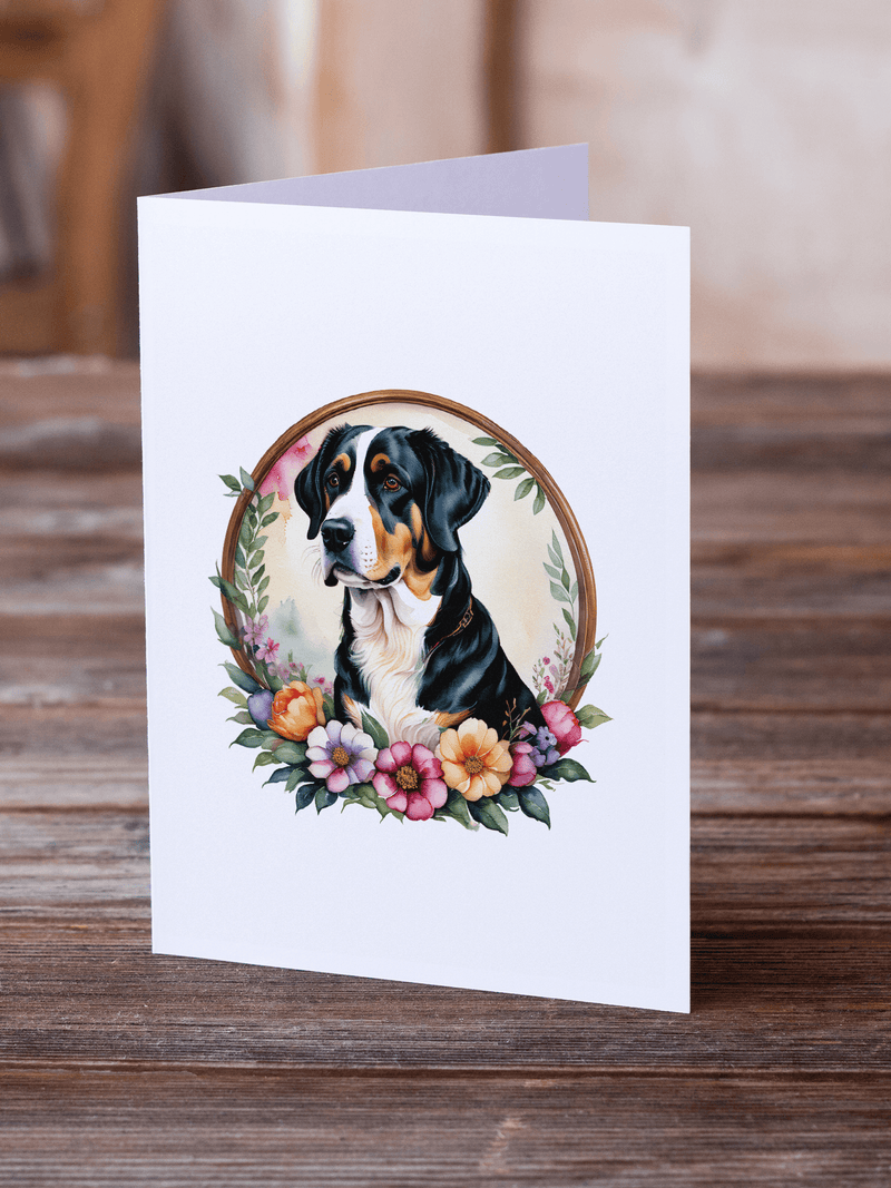 Greater Swiss Mountain dog greeting card featuring a colorful flower wreath and portrait