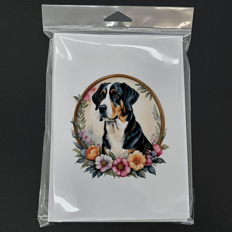 Greeting card pack with Greater Swiss Mountain dog floral wreath artwork on front