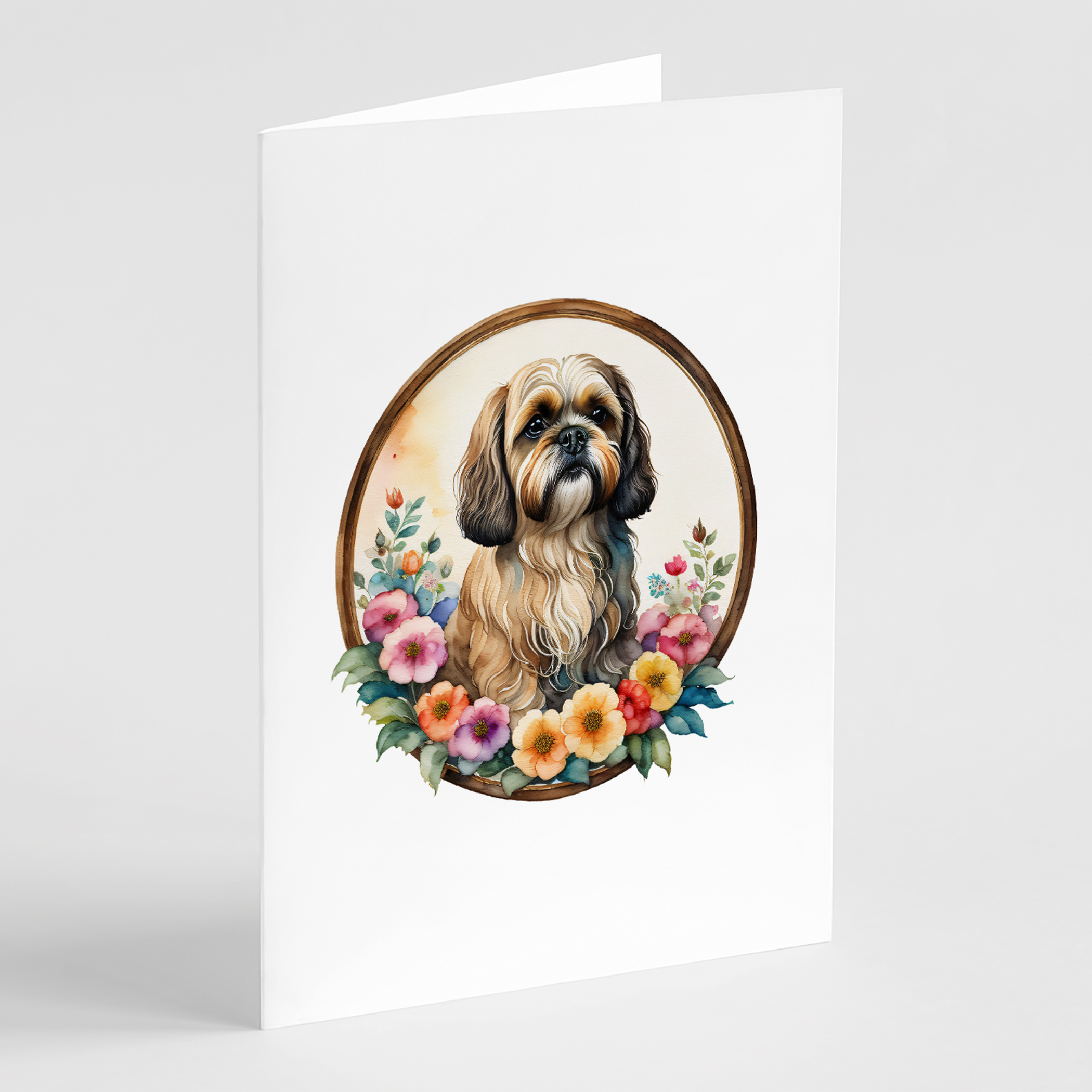 Lhasa Apso greeting card with oval portrait and floral wreath, blank inside, pack of 8.