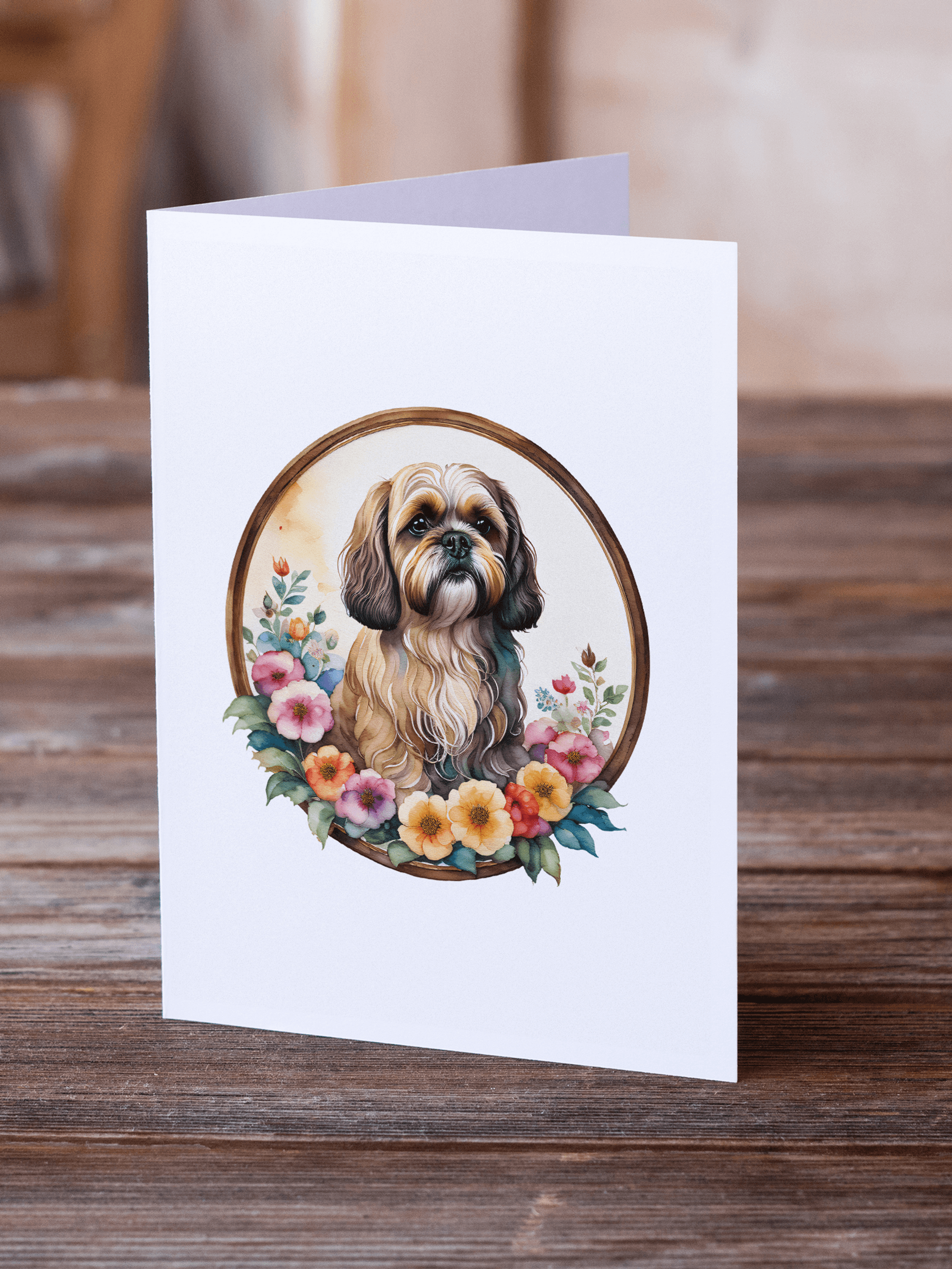 Lhasa Apso greeting card front with floral wreath around dog portrait, card pack of 8.