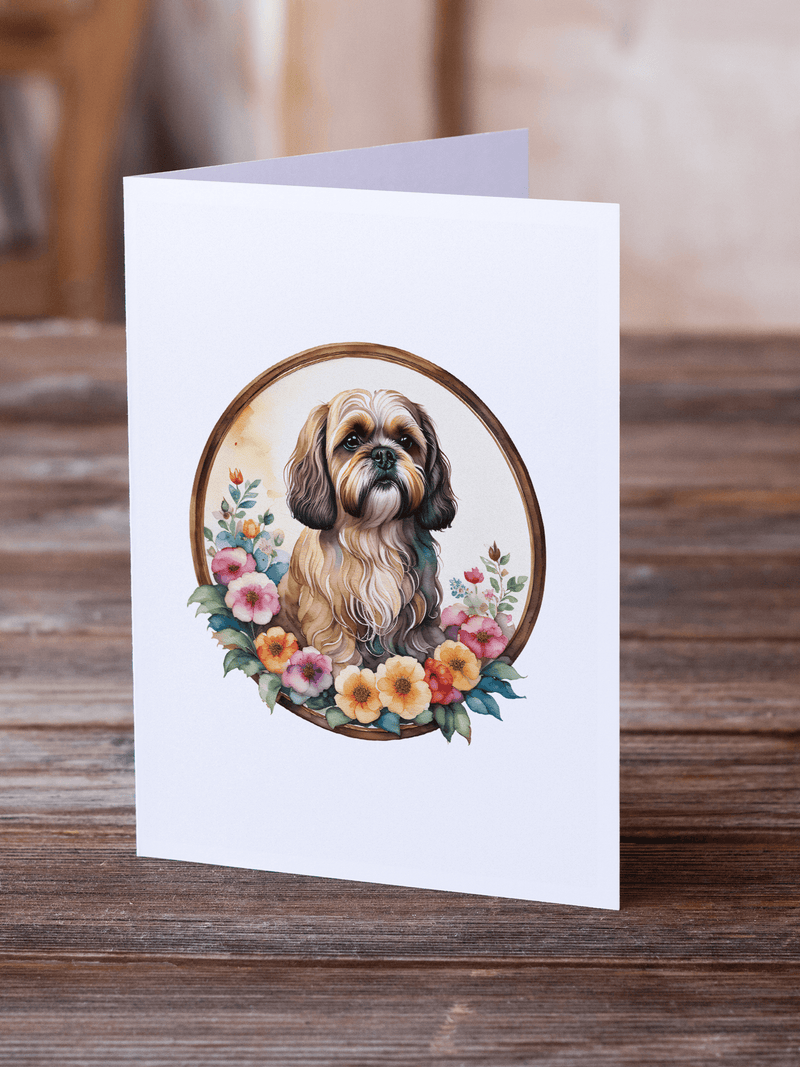 Lhasa Apso greeting card front with floral wreath around dog portrait, card pack of 8.