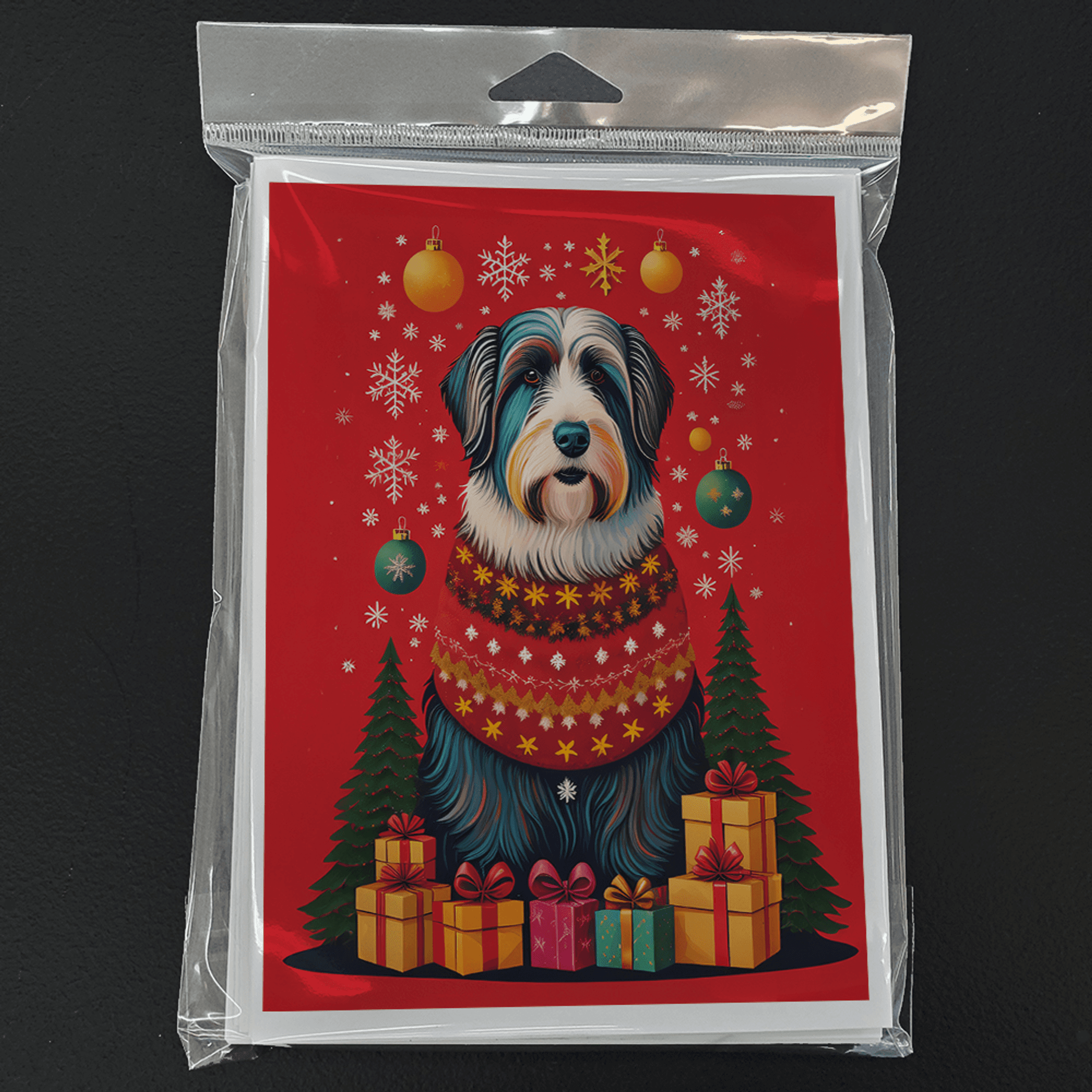 Holiday greeting card pack with bearded collie in festive scarf, ornaments, snowflakes, gifts