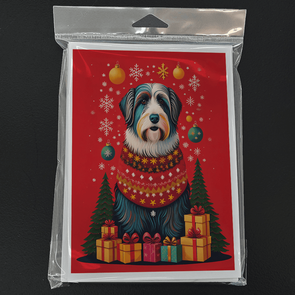 Holiday greeting card pack with bearded collie in festive scarf, ornaments, snowflakes, gifts