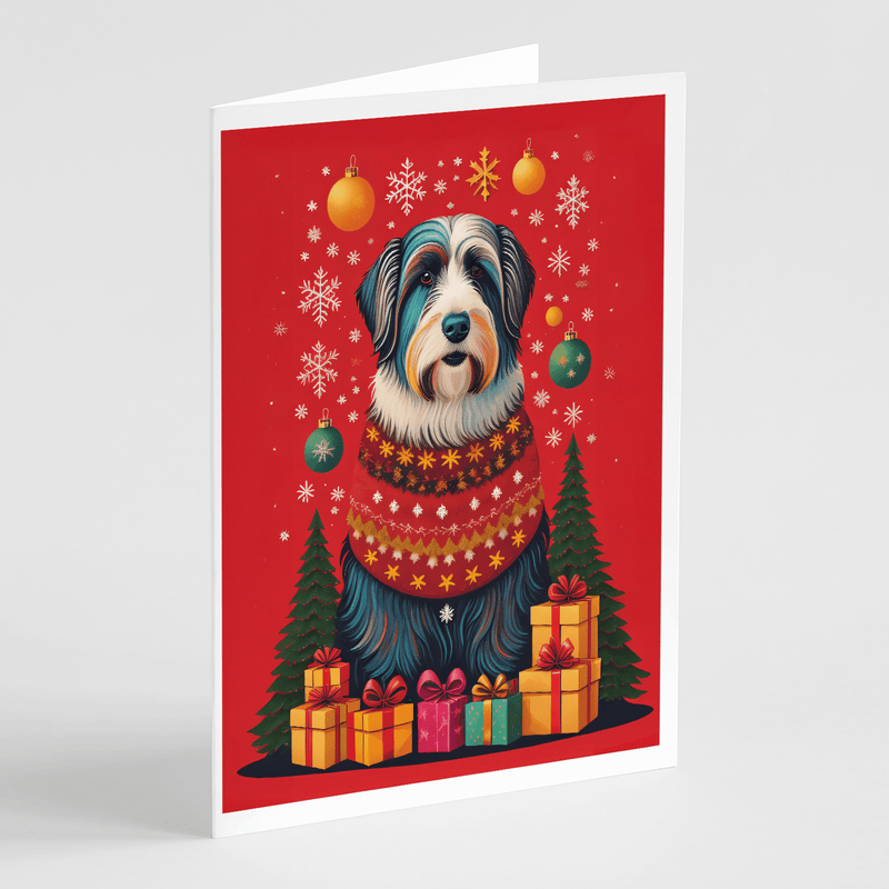 Holiday greeting card with bearded collie, red winter scene with ornaments, snowflakes, presents