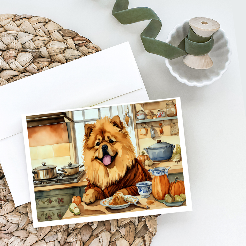 Chow chow fall greeting card with dog sitting at kitchen table and pumpkins