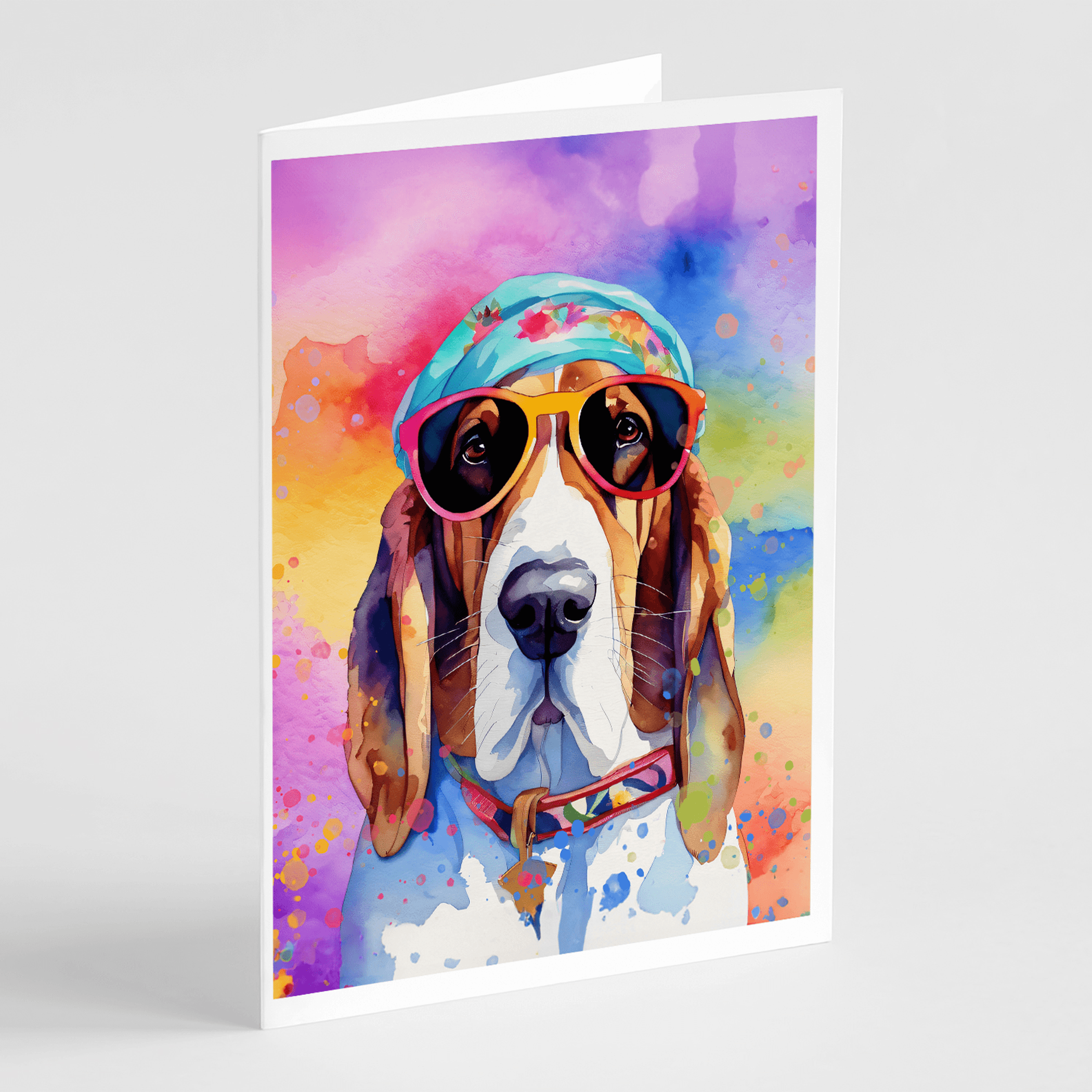 Greeting card with basset hound wearing a colorful hat and orange sunglasses