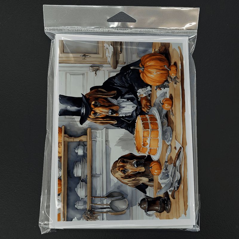 Greeting card in clear plastic sleeve, dogs dressed for fall kitchen with pumpkins