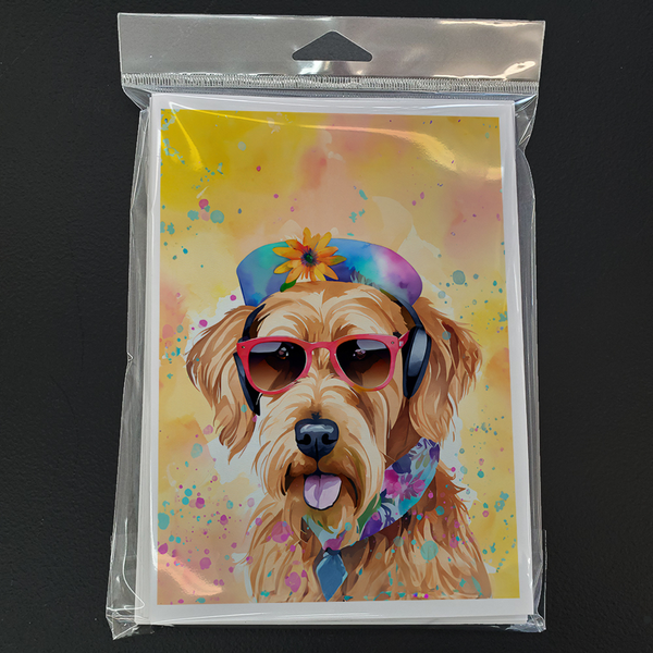 Greeting cards pack featuring a hippie terrier with pink sunglasses, rainbow flower, colorful splatter
