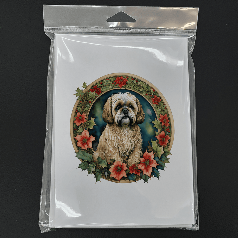 Packaged white Christmas greeting card with Lhasa Apso in floral wreath