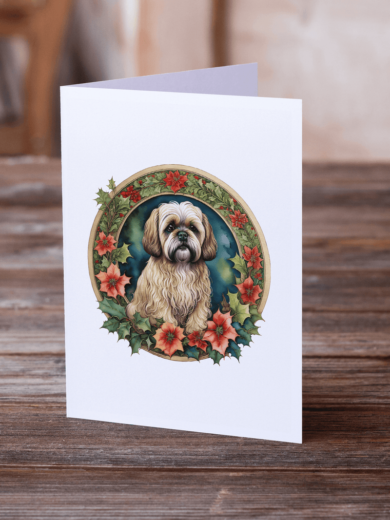 White Christmas greeting card featuring Lhasa Apso portrait in flower wreath