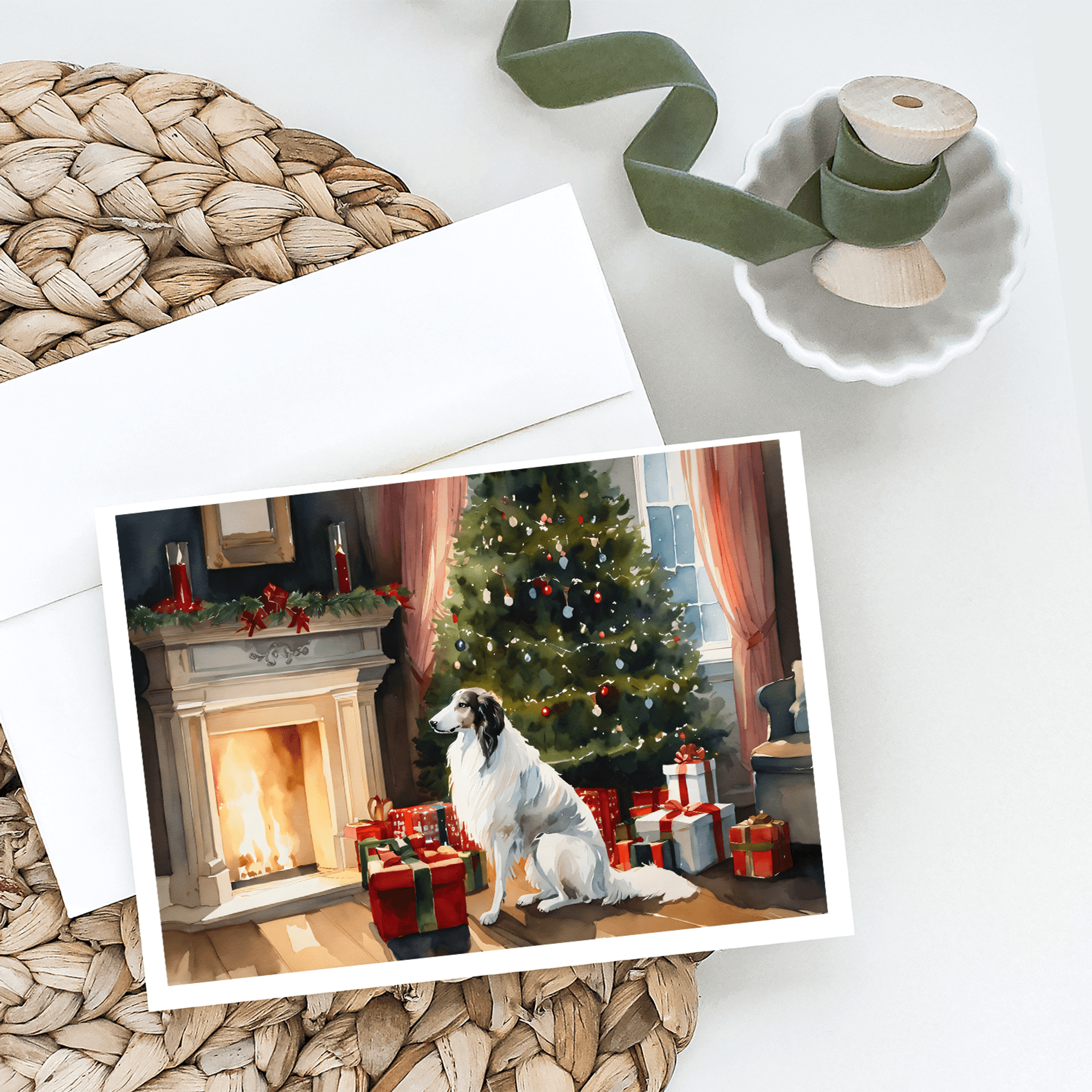 Cozy Christmas greeting card featuring a borzoi by fireplace and gifts