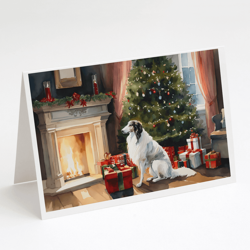 Cozy Christmas greeting card with borzoi sitting near tree, fireplace, and presents