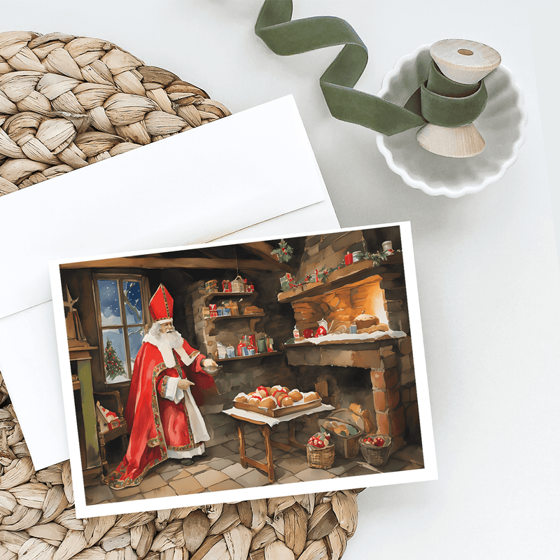 Santa-themed greeting card with red-clad figure, with two blank white cards
