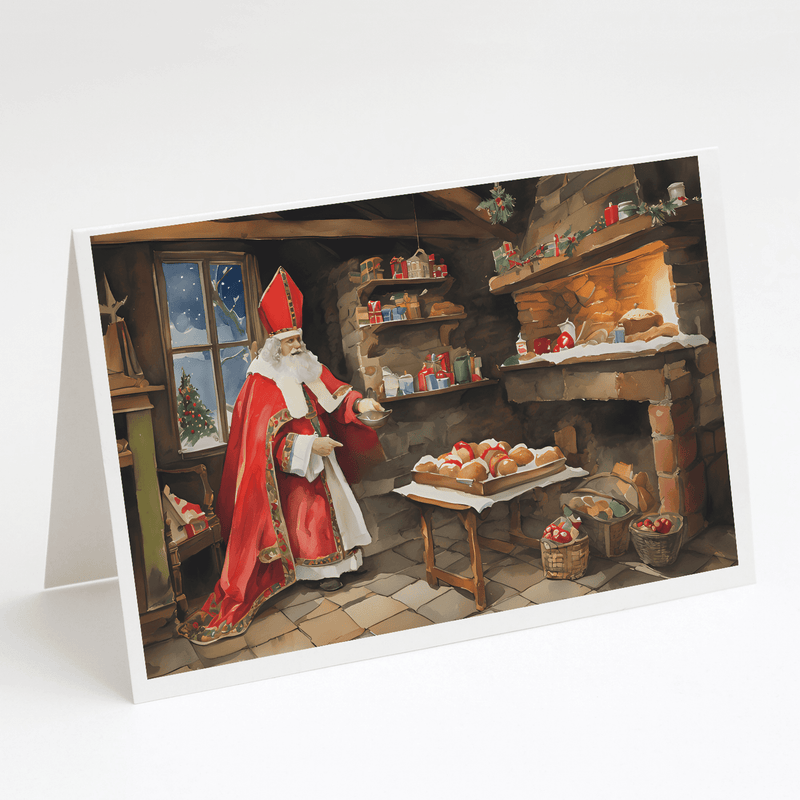 Santa-themed greeting card with red-robed helper in cozy bakery scene