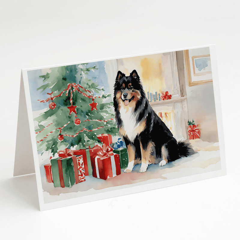 Christmas greeting card set with black, tan, and white dog next to wrapped presents