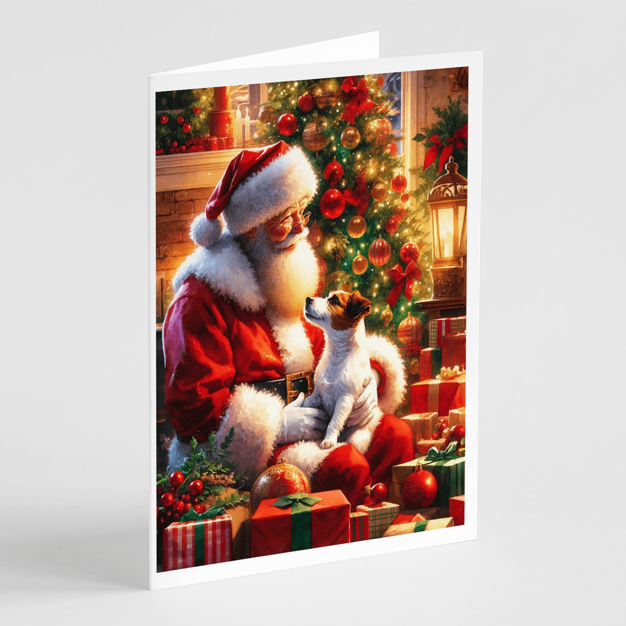 Christmas greeting card: Santa with a Jack Russell Terrier near a decorated tree